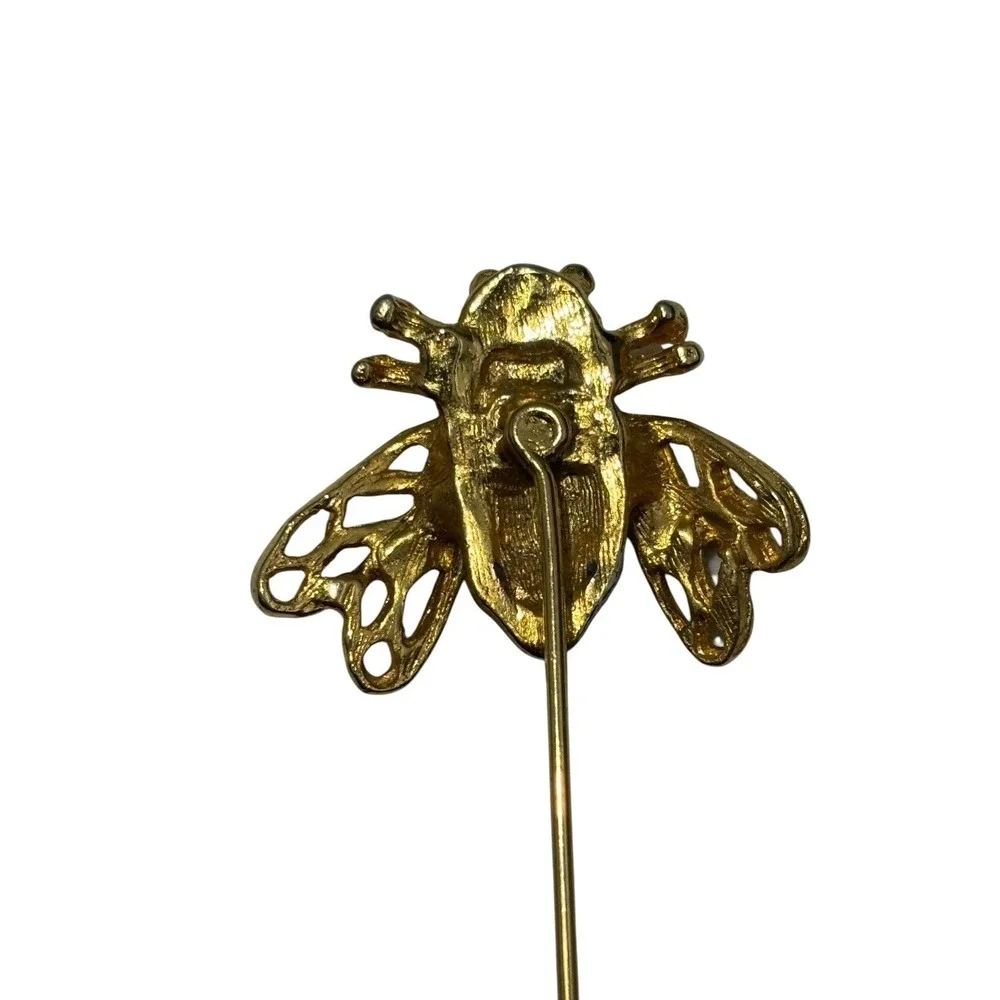 Vintage Gold Tone White Enamel Rhinestone Bumble Bee Insect Stick Pin